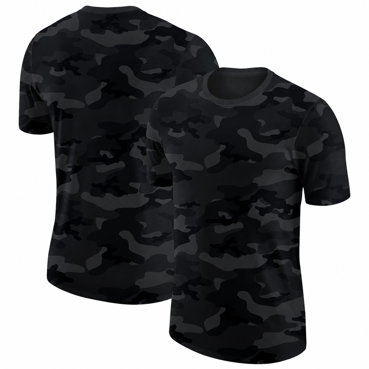 Two black and gray camouflage pattern T-shirts, one showing the back and one showing the front.