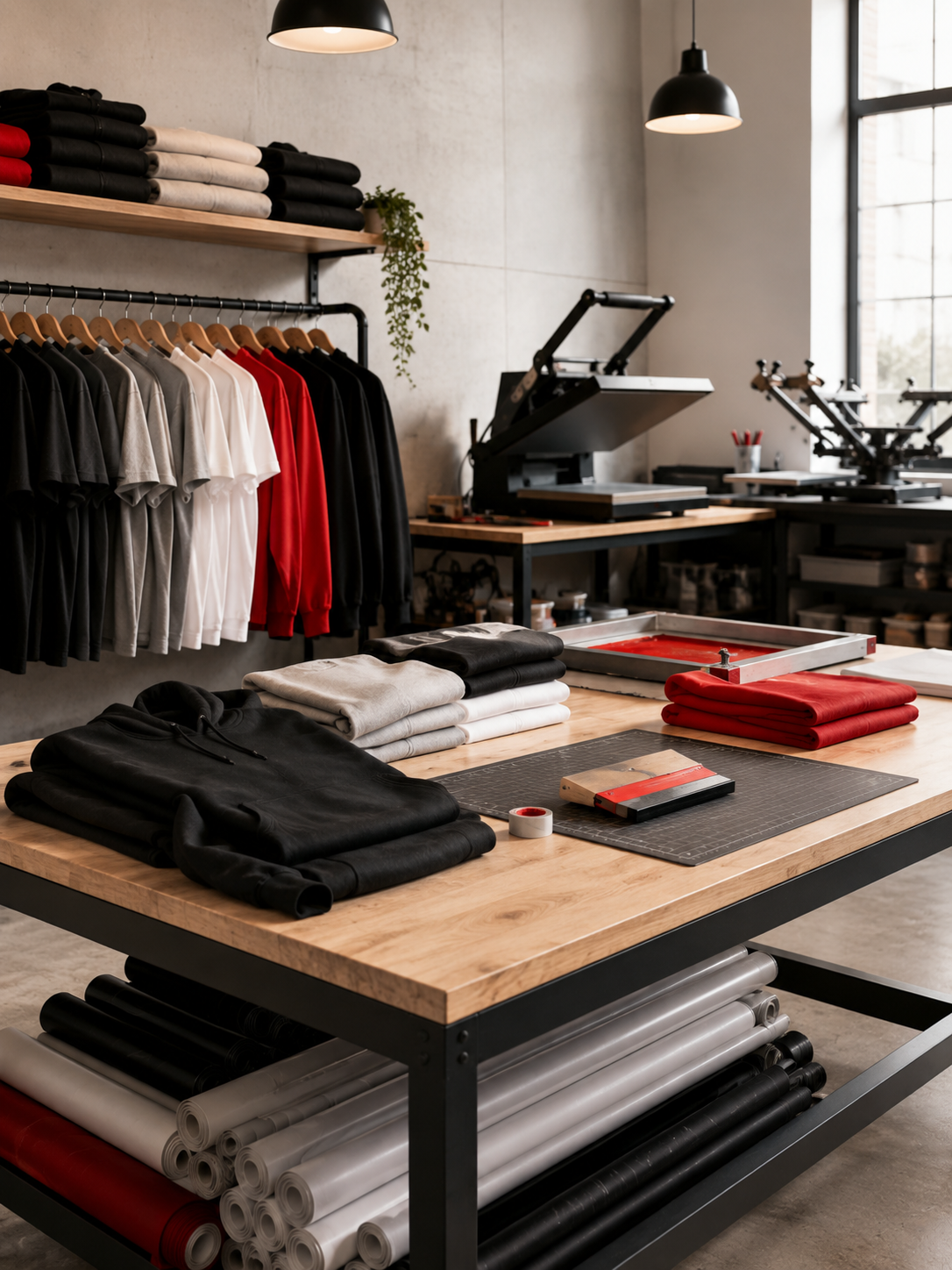 Inside a clothing design studio with a table holding folded hoodies in black, gray, white, and red. A clothing rack with T-shirts in black, gray, white, red, and black hangs on the wall. There are printing and heat press machines, large window, and shelves with fabric rolls and printing supplies.