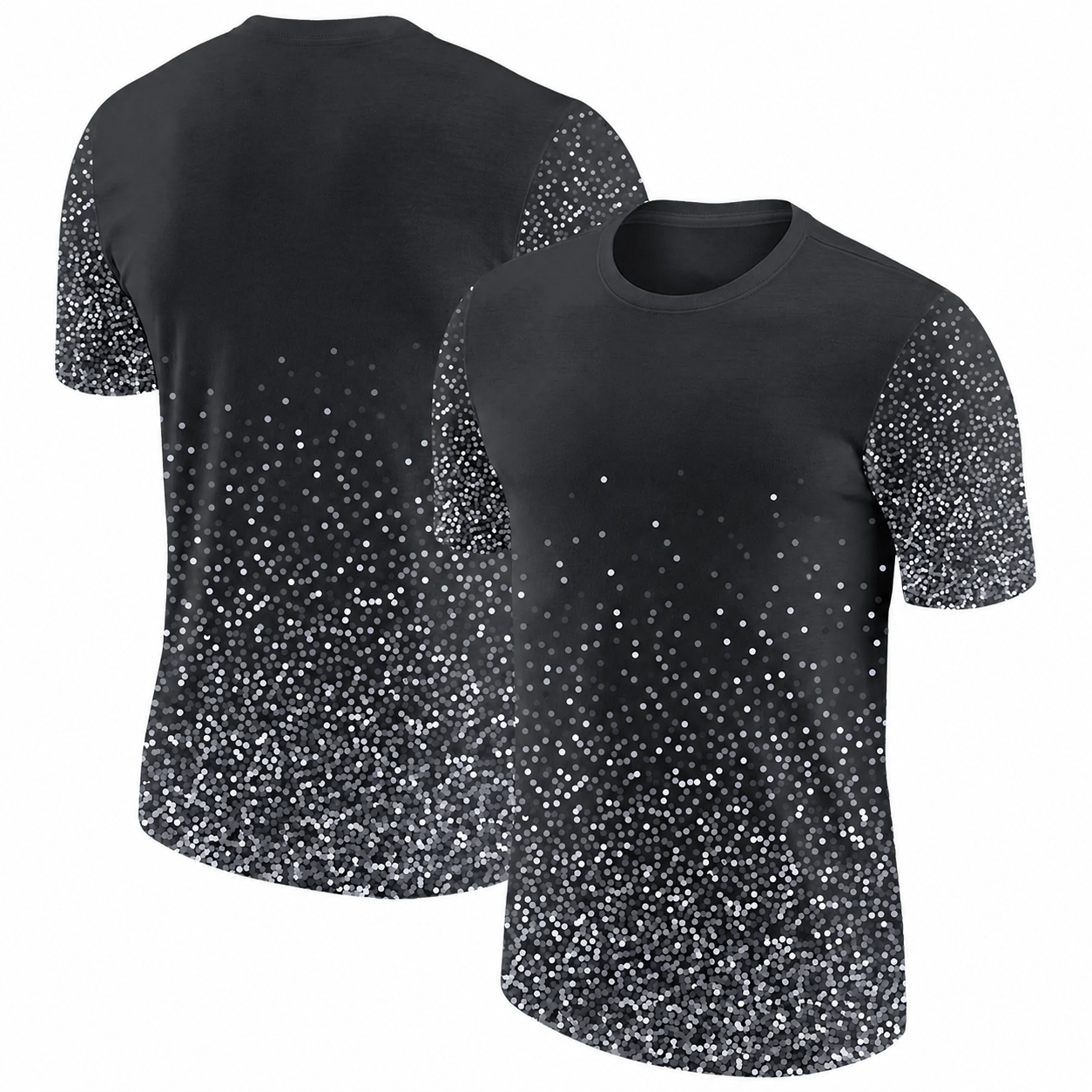 Black T-shirts with a gradient of white dots on the sleeves and lower part, creating a sparkling pattern.