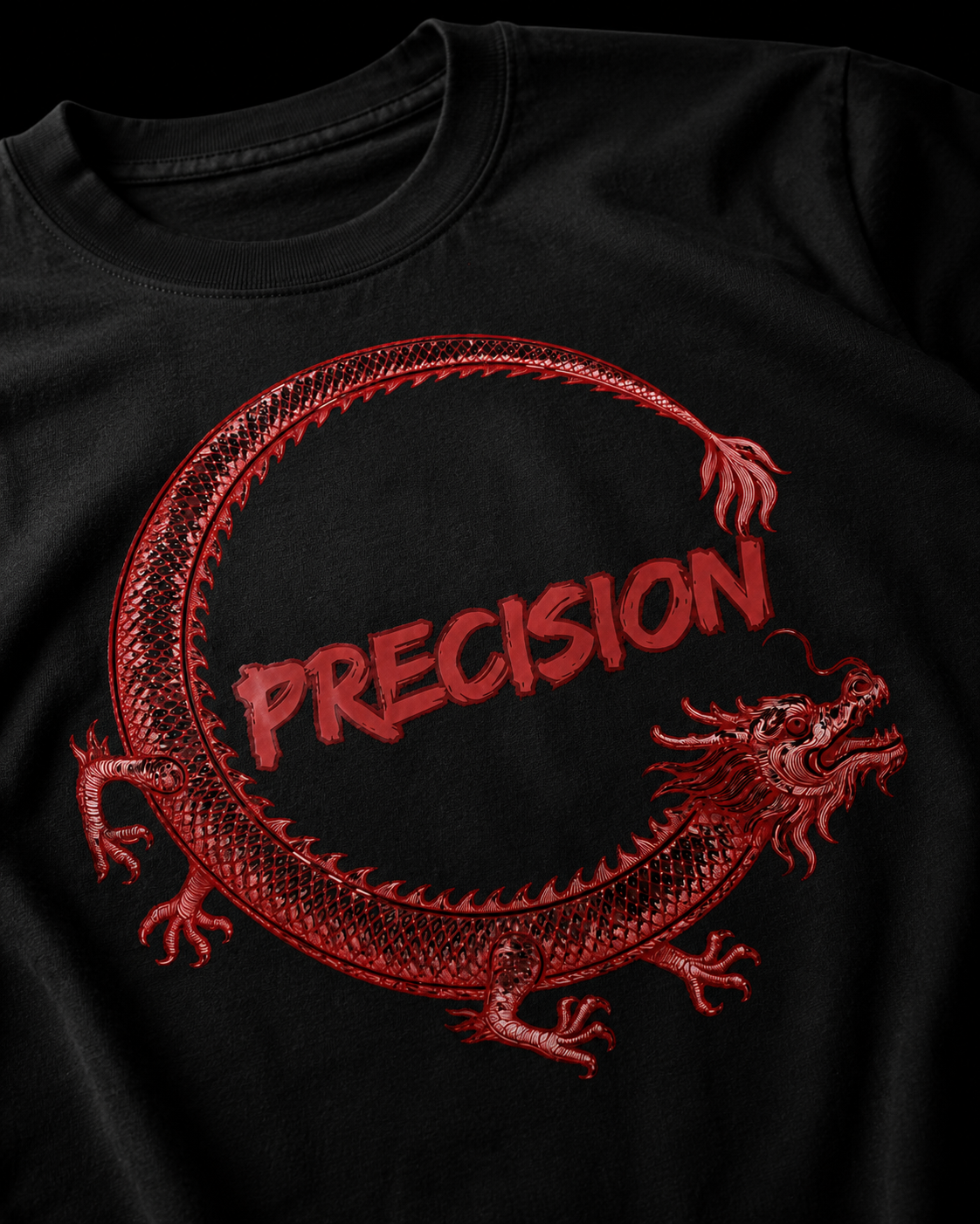 Black t-shirt with a red dragon and the word 'PRECISION' in the middle of the dragon.