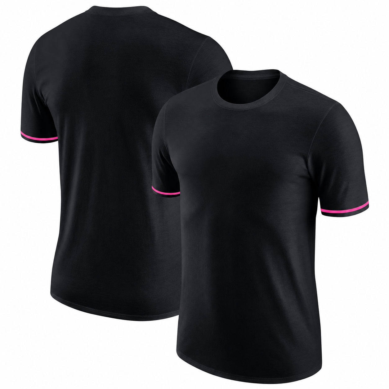 Front and back view of black athletic T-shirt with pink stripe accents on sleeves.