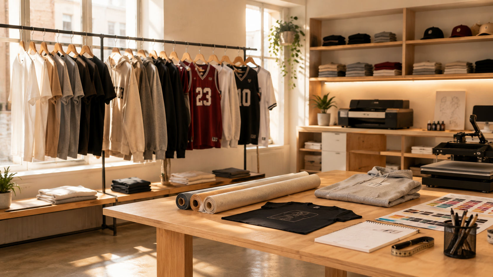 A clothing design studio with a wooden table displaying fabric rolls, a hoodie, and color swatches. Behind, a clothing rack holds various hoodies, t-shirts, and sports jerseys. Shelves have folded clothes, hats, and a printer, with drawing supplies and a computer on the desk.