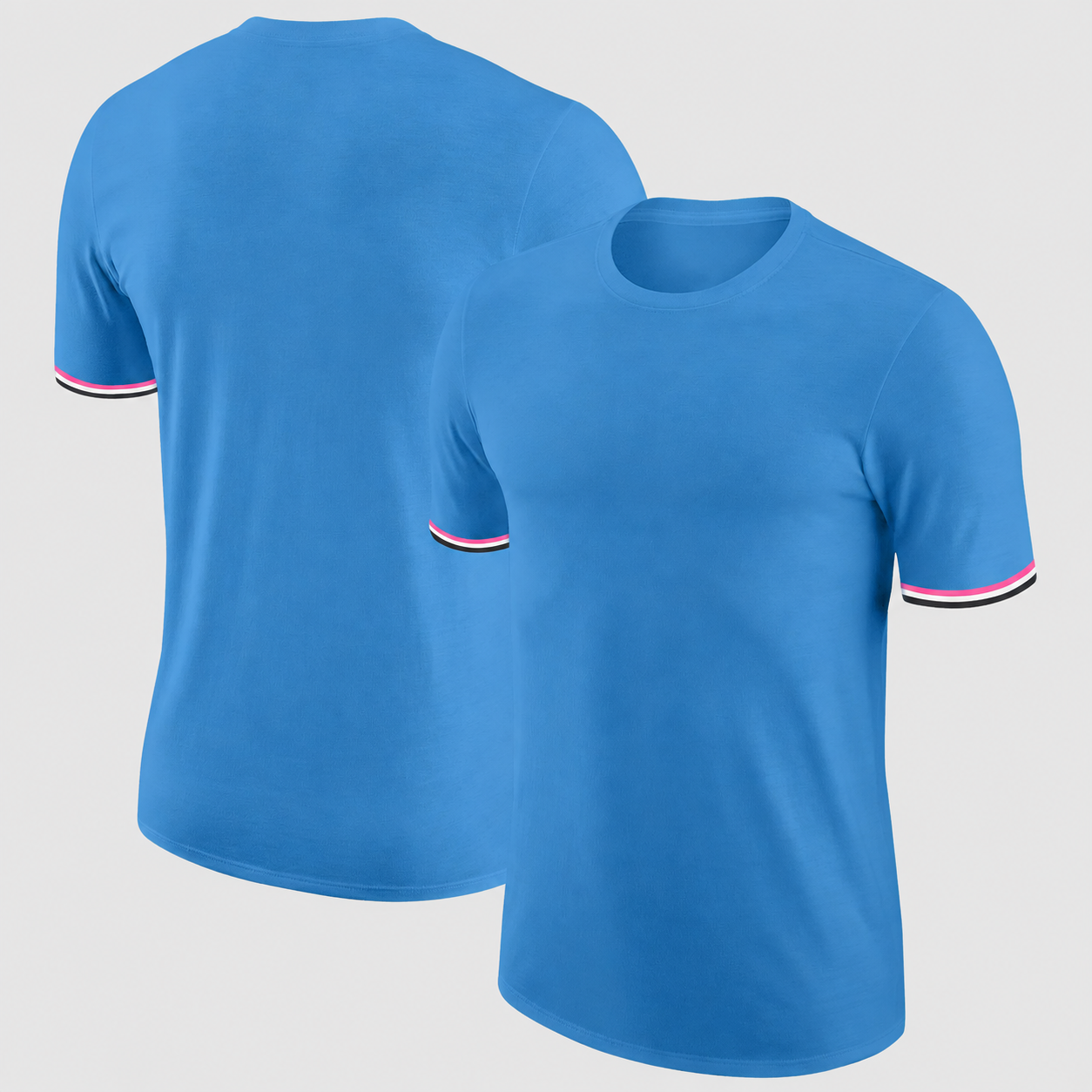 Two blue T-shirts with black, white, and pink striped trim on the sleeves, shown against a plain background.