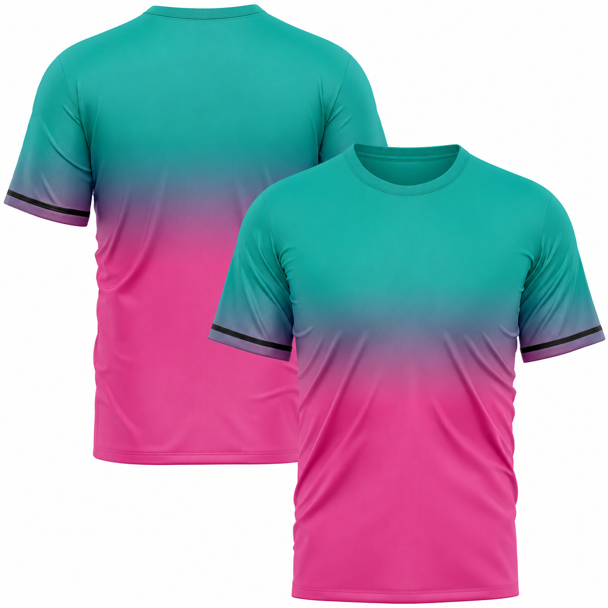 Colorful athletic T-shirts in teal, pink, and purple gradient design with black trim on sleeves.
