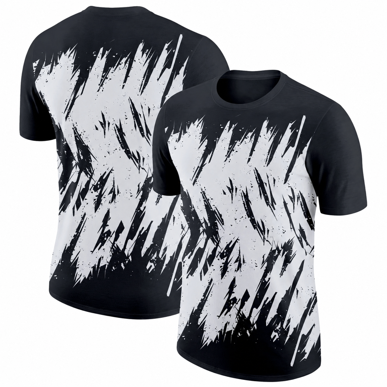 Black and white T-shirt with an abstract, jagged, graphic design on the front and back.