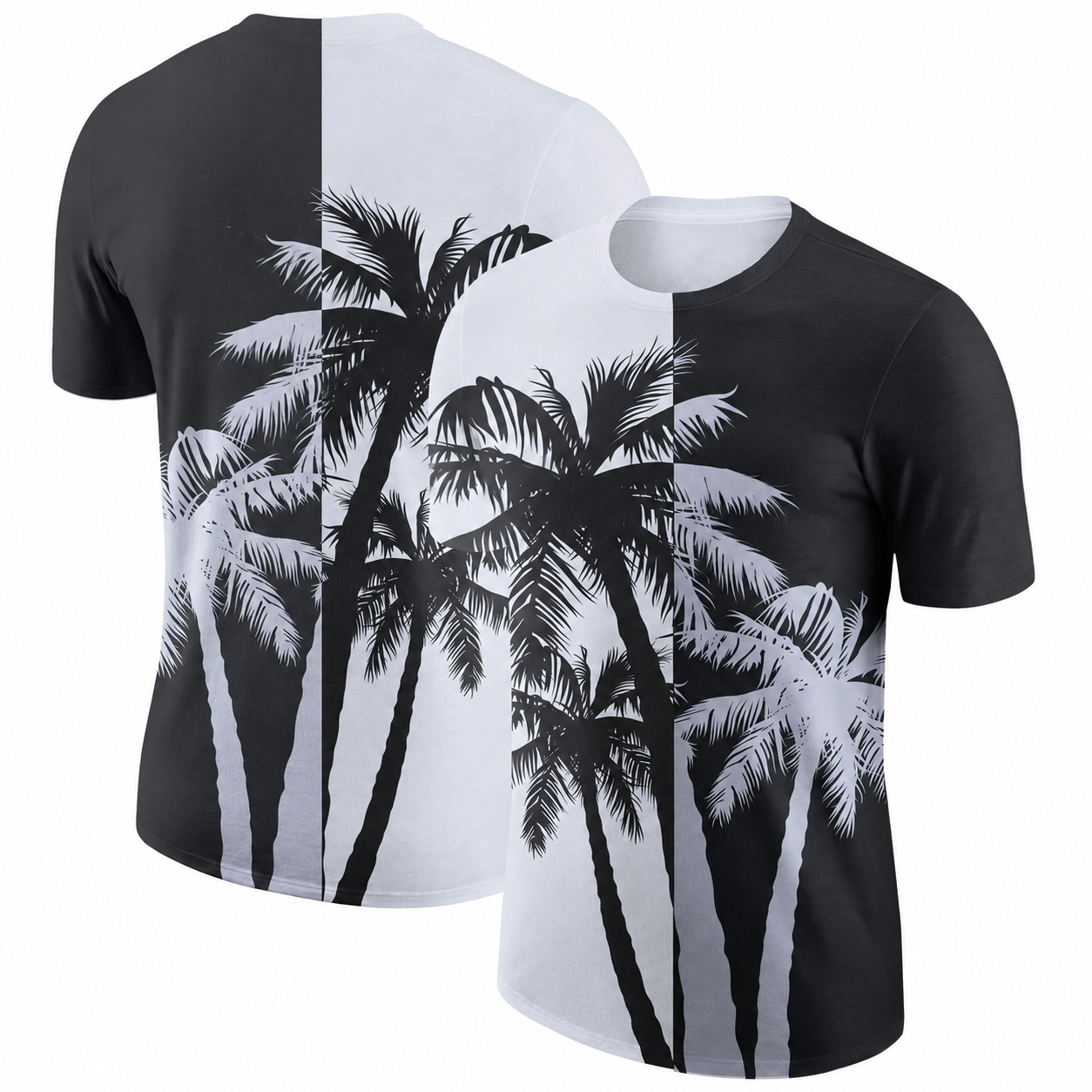 Split-colored t-shirts with a black and white palm tree design, one side dark and the other light.