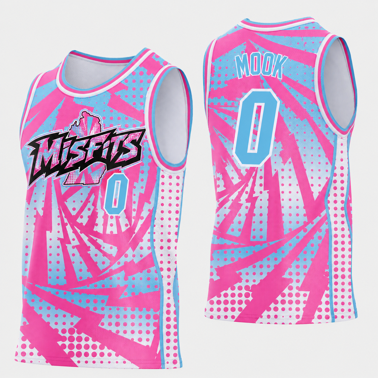 A pink and blue sports jersey with graphics and team names, featuring the words 'Misfits' and 'Mook' with the number '0' on the front and back.
