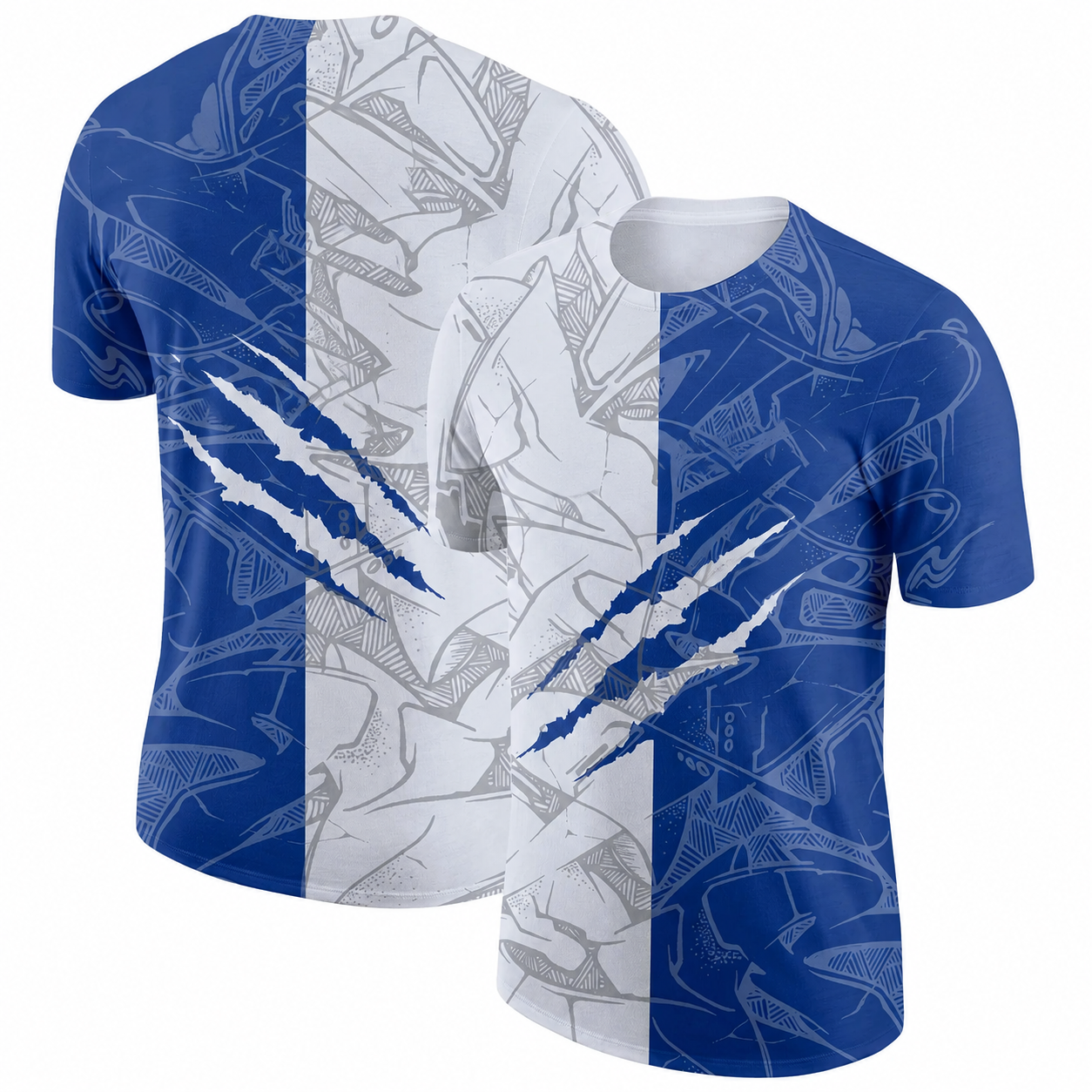 A blue sports T-shirt with a claw mark logo and abstract graphic design.