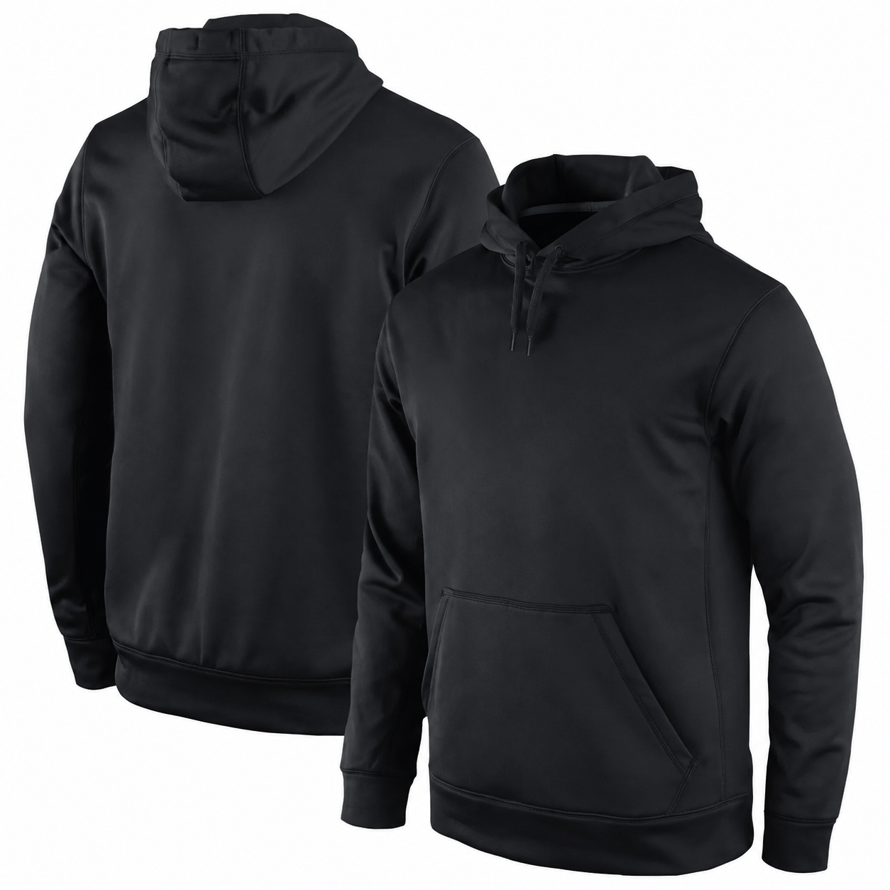 Two black hooded sweatshirts with drawstrings, front and back views, on a white background.