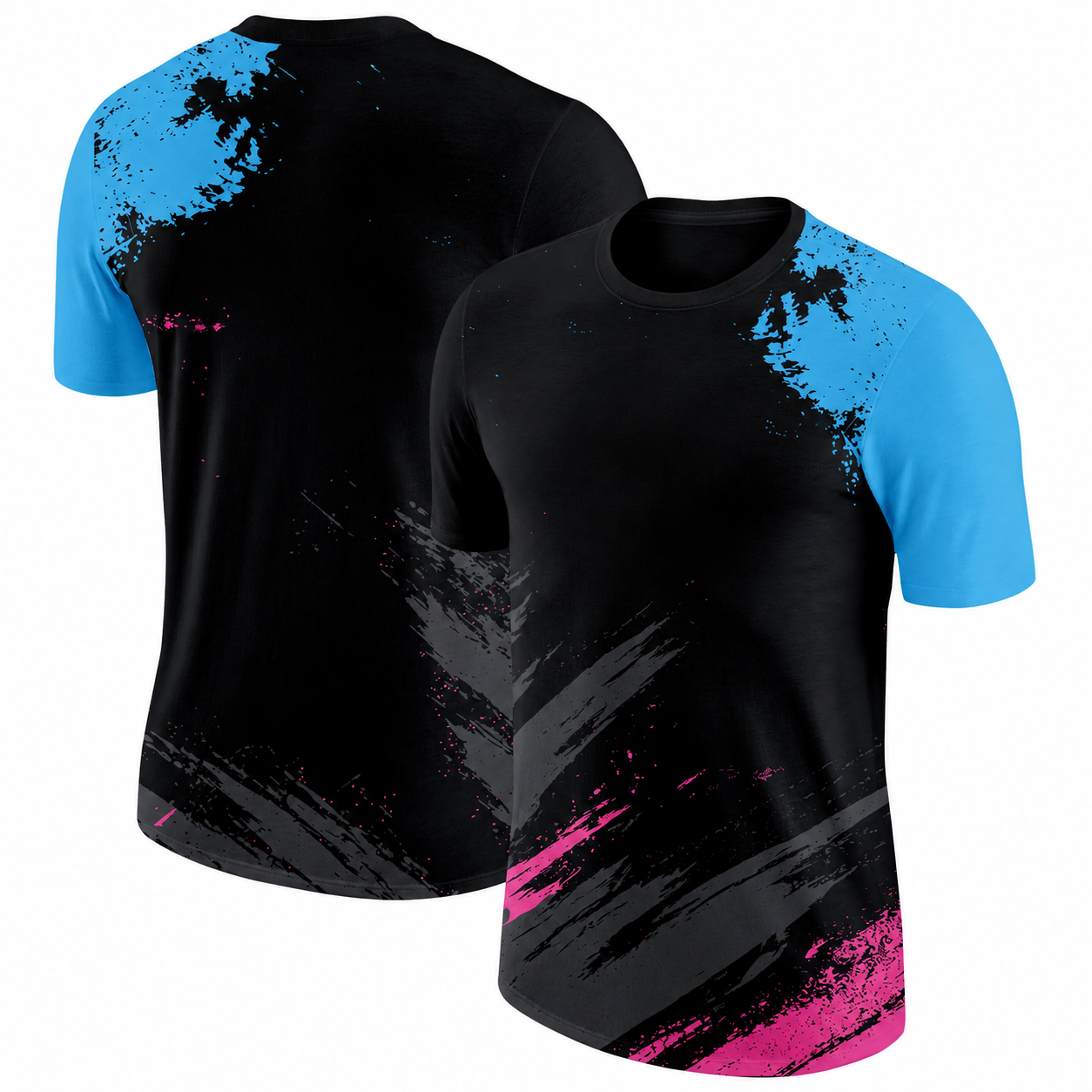 Two black athletic t-shirts with blue sleeves and colorful splatter designs, one facing forward and the other showing the back.
