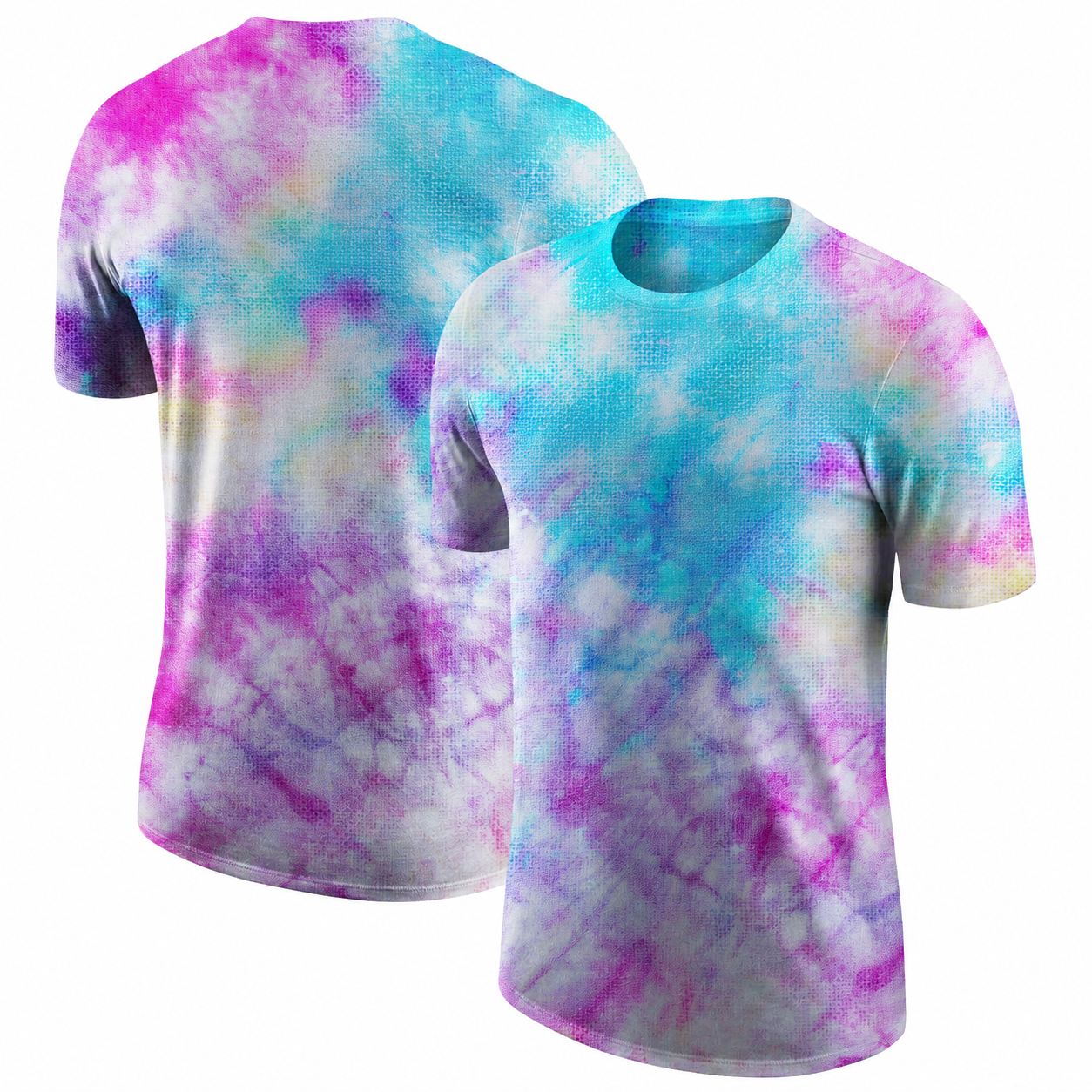 Two white T-shirts with colorful tie-dye patterns in pink, purple, blue, and green.