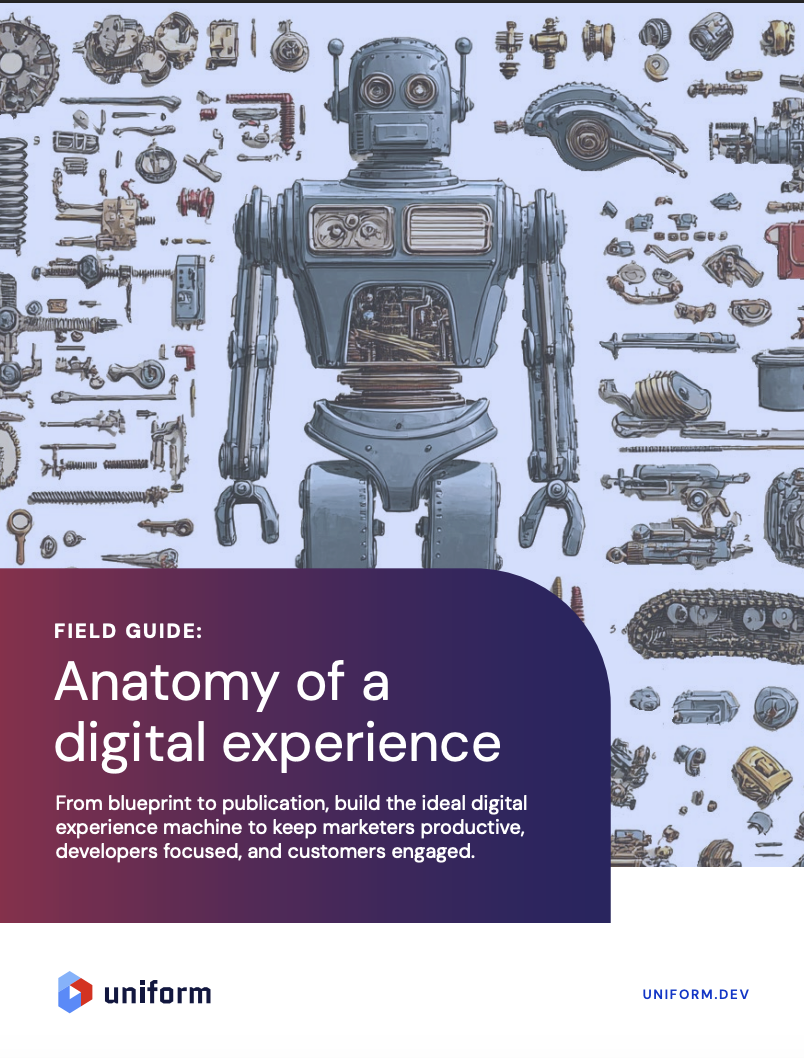 Cover of a field guide titled 'Anatomy of a digital experience' featuring a disassembled vintage robot with various robot parts laid out on a light background.