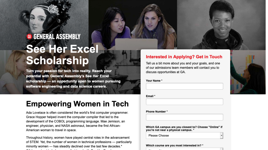 A promotional webpage for the General Assembly See Her Excel Scholarship, featuring images of women and girls working with technology, along with a contact form for applicants interested in applying.