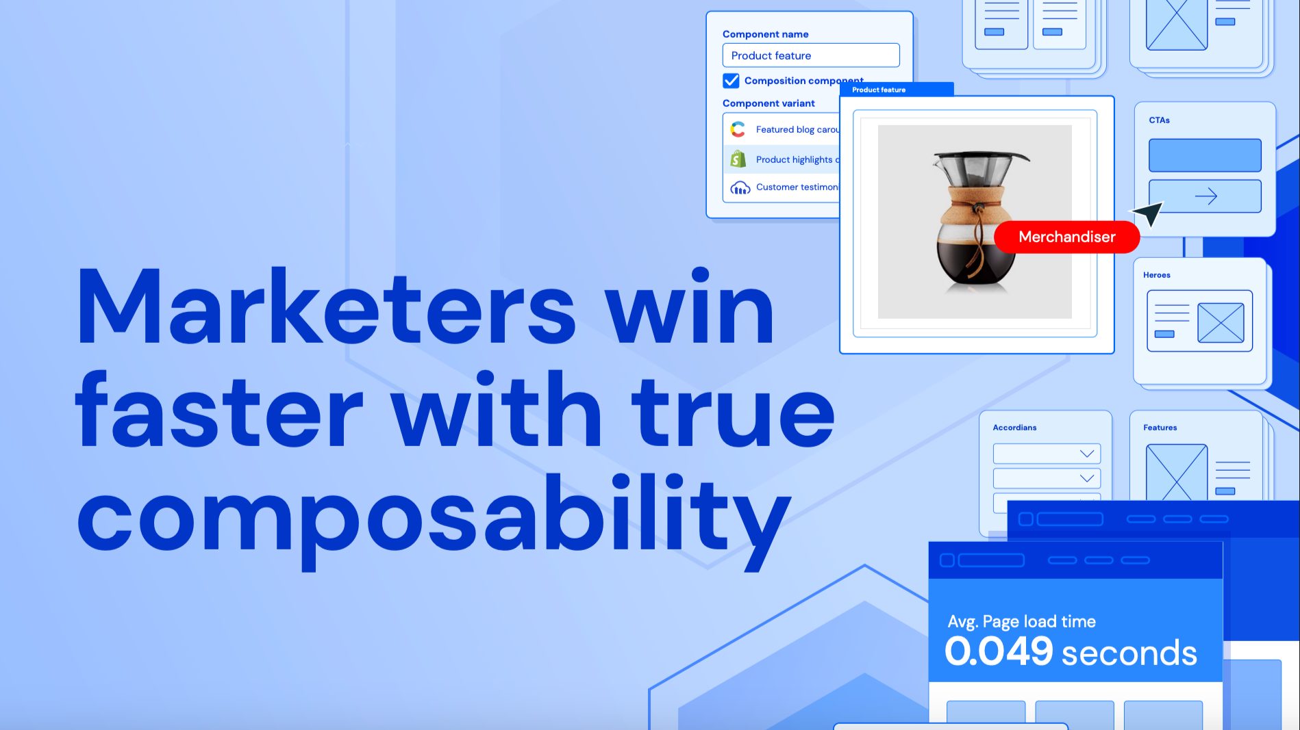 A digital illustration with the main text "Marketers win faster with true composability" and various UI mockups and charts. A highlighted product feature image of a coffee pot labeled "Merchandiser" is on the right.