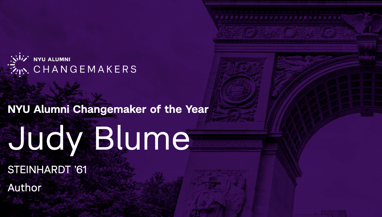 A purple-tinted image of the Washington Square Arch with event details overlayed, including the names of Judy Blume and her book, with a background of trees and the sky.