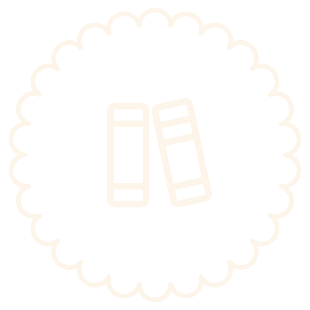 Icon of two books inside a scalloped circle outline.