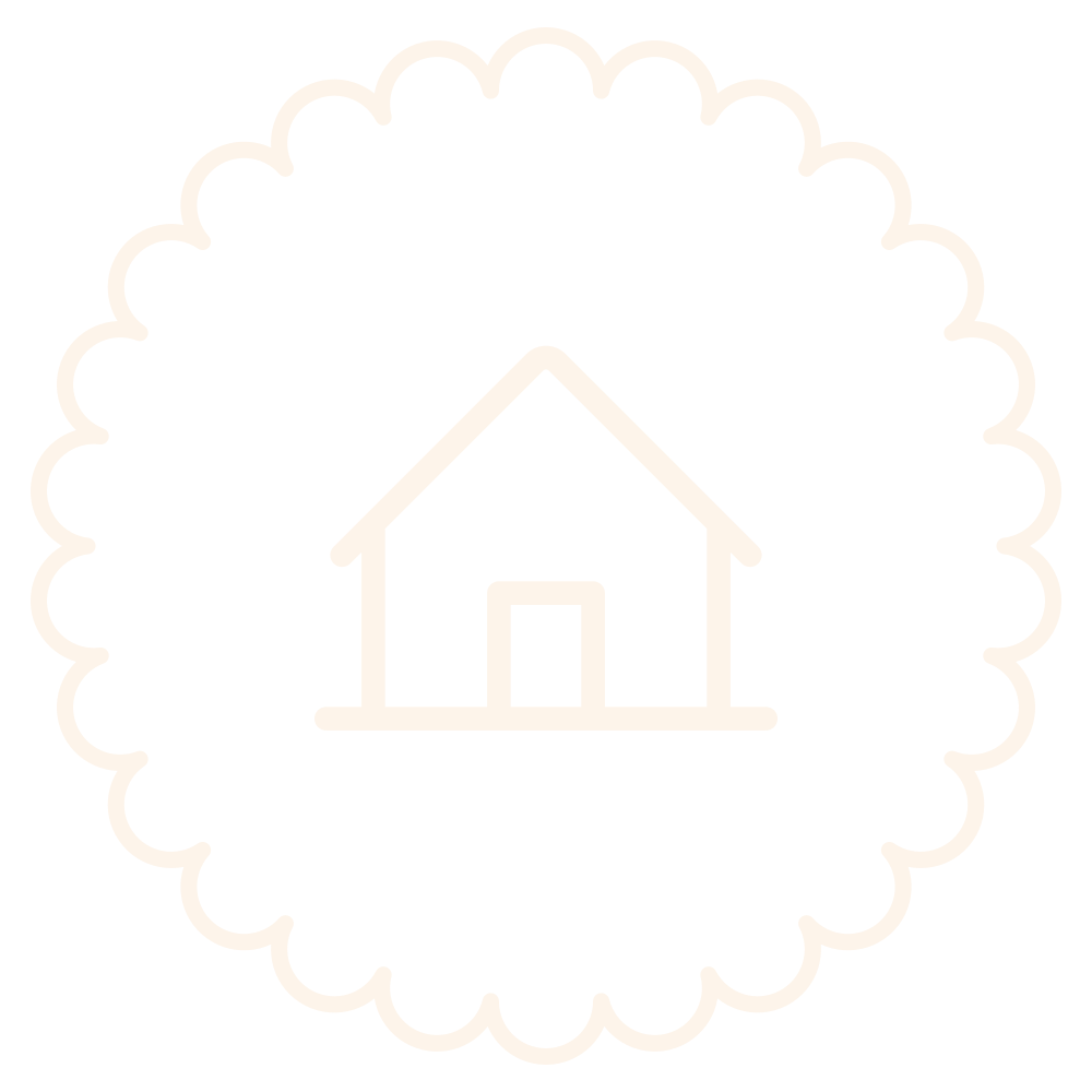 Line drawing of a house with a scalloped circular border on a black background.