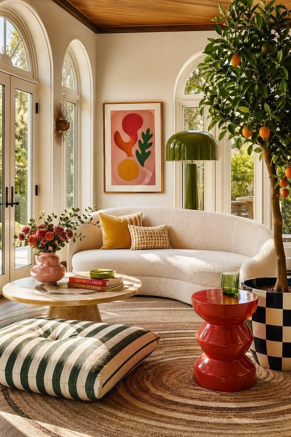 Bright living room with large windows, a white curved sofa with yellow pillows, a round wooden coffee table with pink flowers and books, a striped pillow on the floor, a red side table, a potted orange tree, a green lamp, and colorful abstract artwork on the wall.