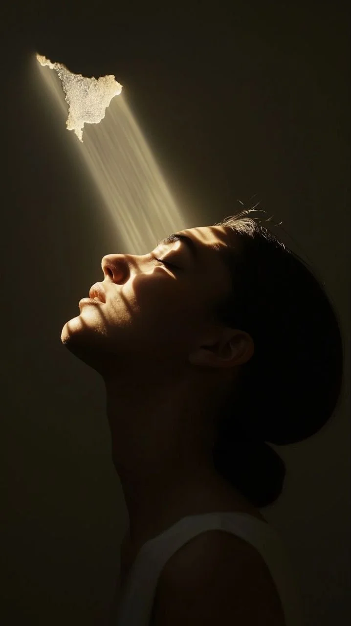 GALILEA and Beyond Consulting. A woman with closed eyes is facing upward as a beam of sunlight enters through a hole in the ceiling, illuminating her face.
