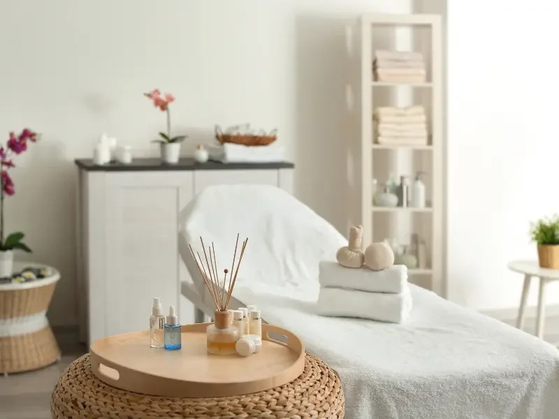 Wellness startup treatment room featuring spa products, aromatherapy, and a relaxing therapy bed setup