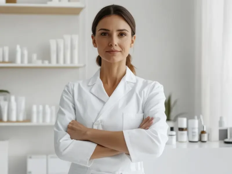 Starting a wellness business represented by a confident female practitioner in a clean, product-filled treatment room