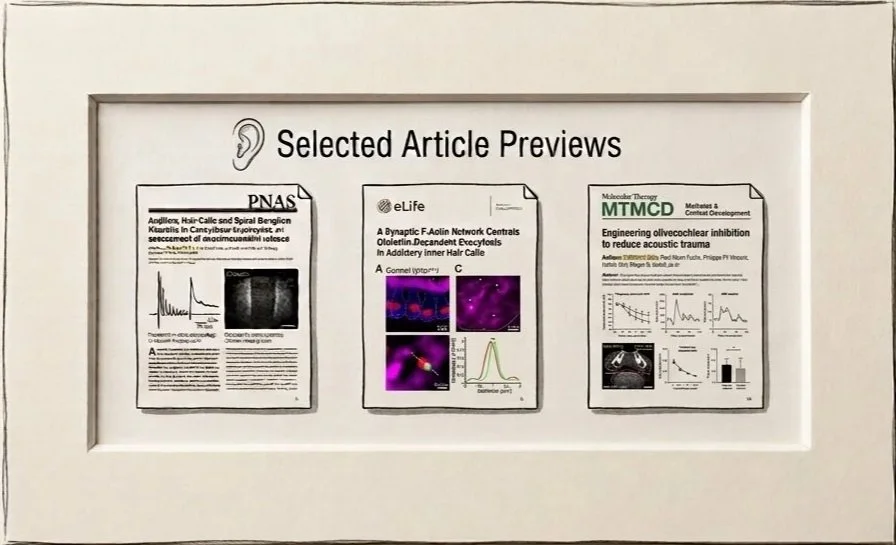 A display frame showing three preview sections titled 'Selected Article Previews,' each with different scientific articles or studies. The first on the left has a journal cover with a graph and some text, the middle shows a page with images and graphs, and the right displays a page with text, images, and charts.