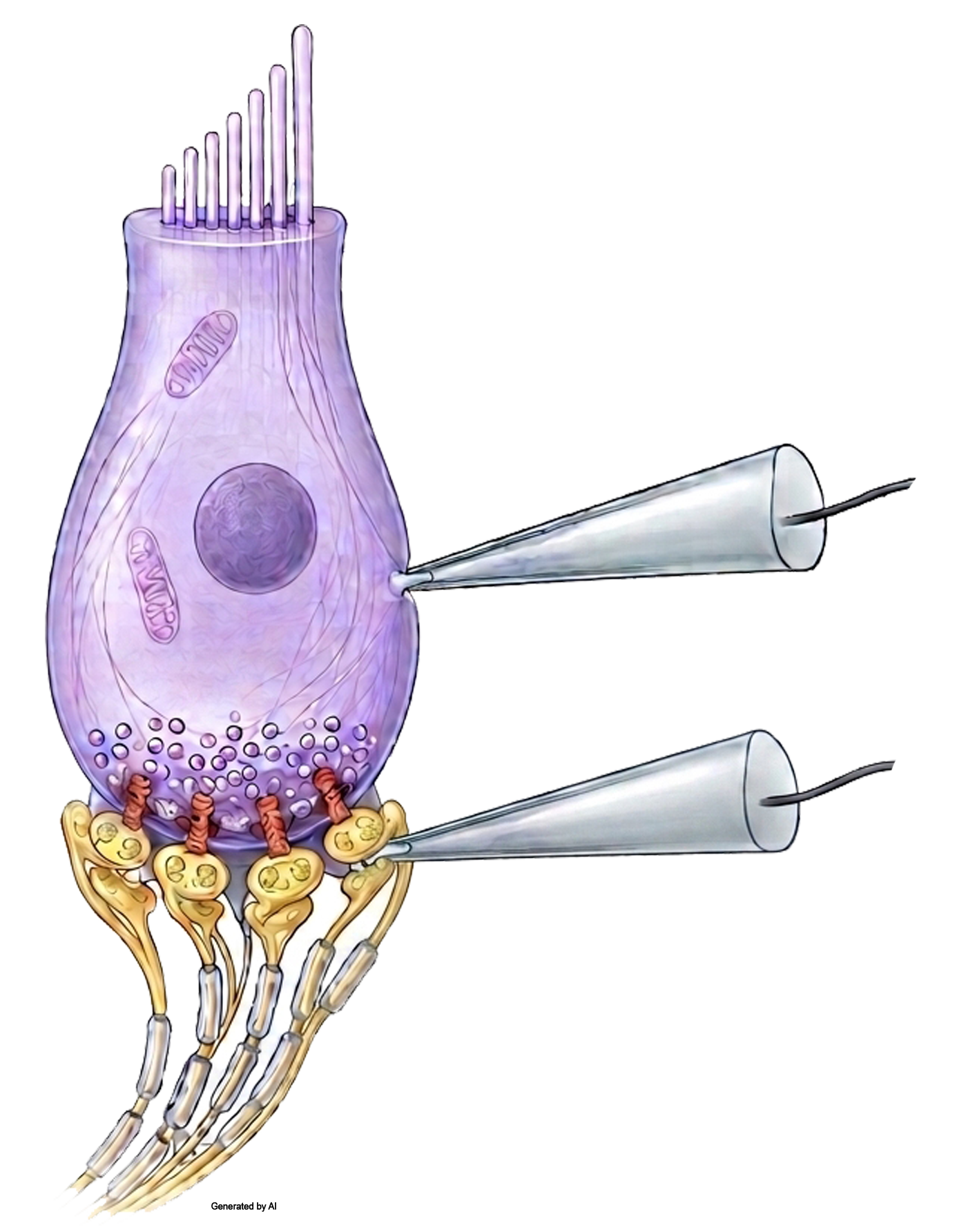 Diagram of a neuron with an elongated cell body, dendrites at the top, axon terminals at the bottom, and electrical impulses traveling along the axon.
