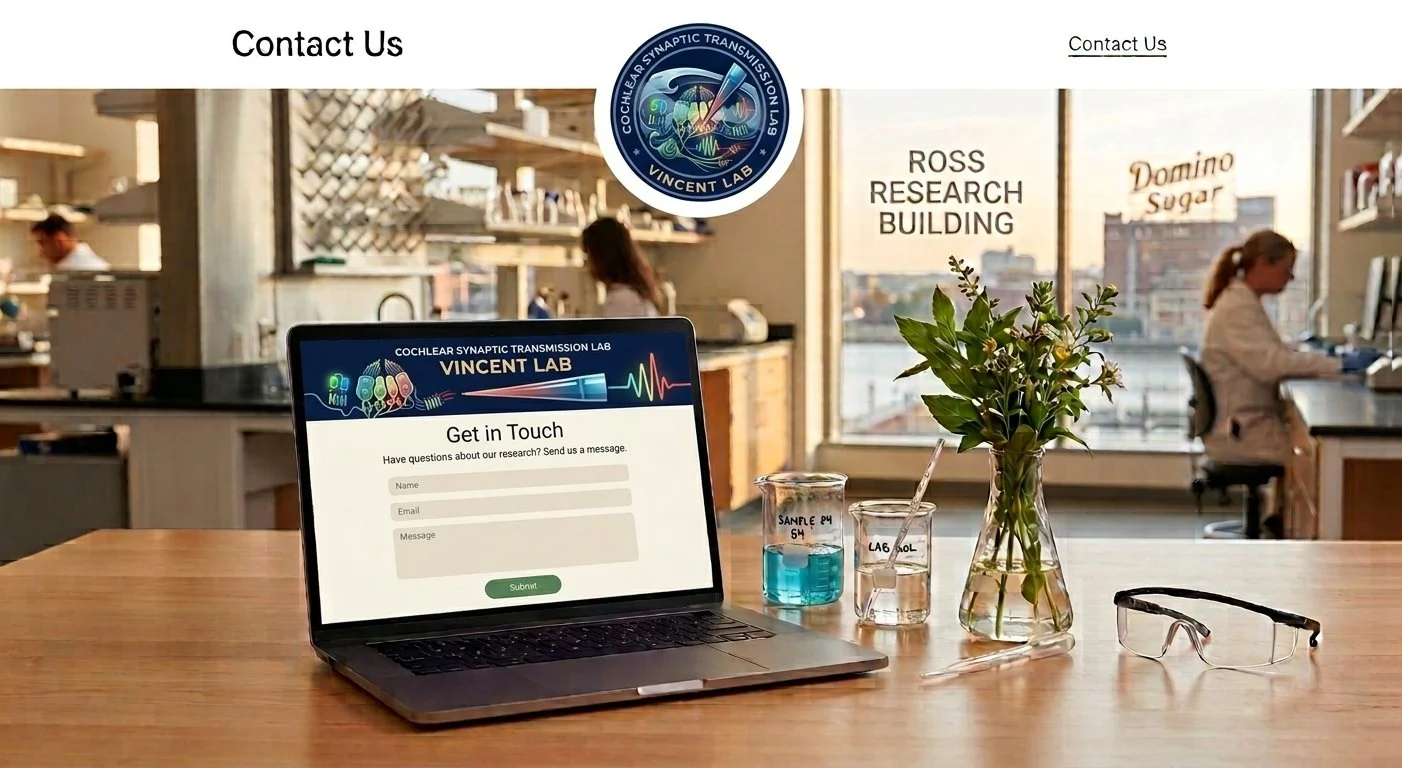 A laptop displaying a contact form on a wooden table in a research lab. The lab has shelves, windows with city views, and two women working at desks. A vase with green leaves and glasses with liquids are on the table, along with a pair of safety glasses.