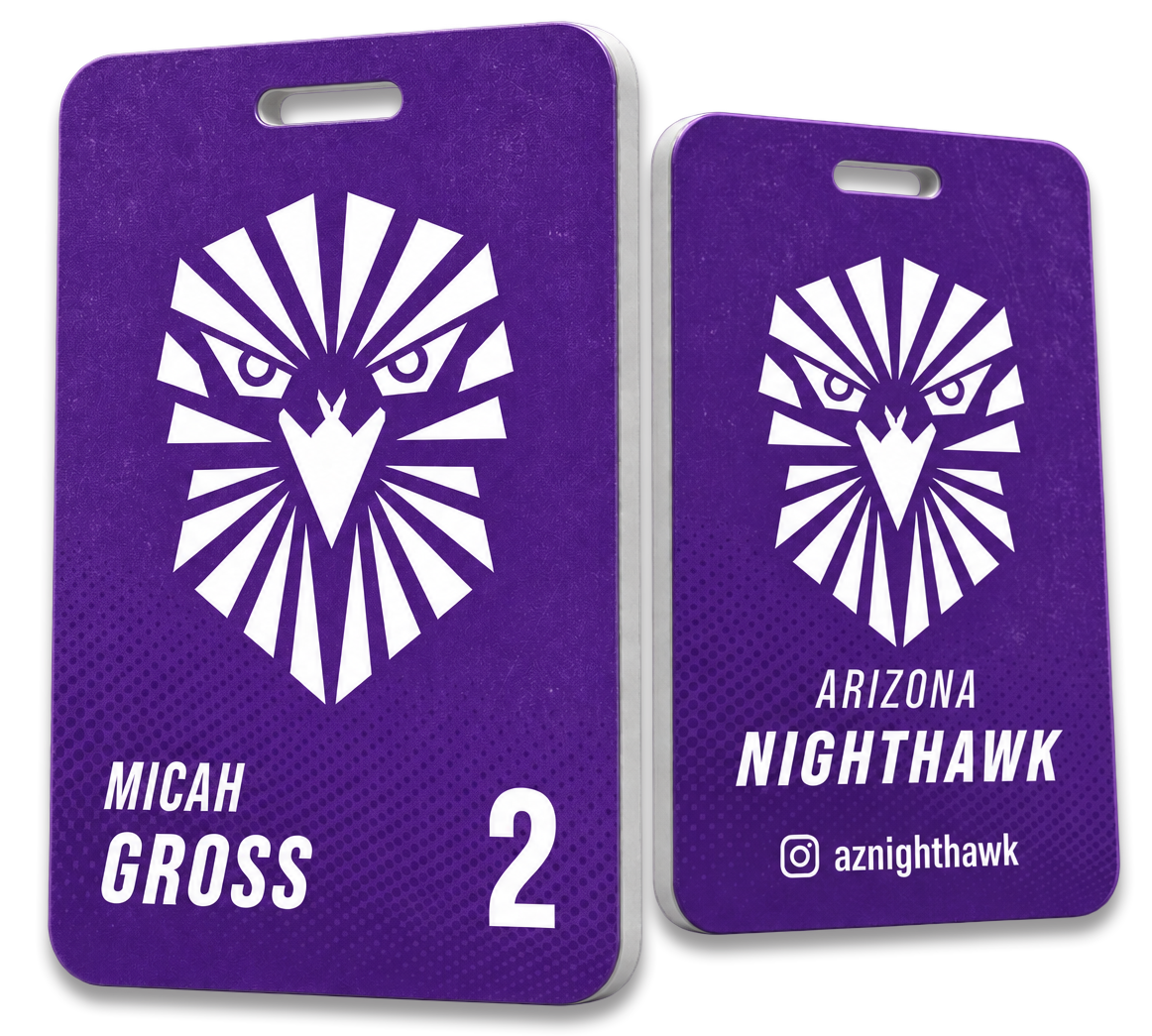 Two purple high quality bag tags with a stylized eagle head logo, the left card has the name "Micah Gross" and the number 2, the right card has "Arizona Nighthawk" and an Instagram handle "@aznighthawk".