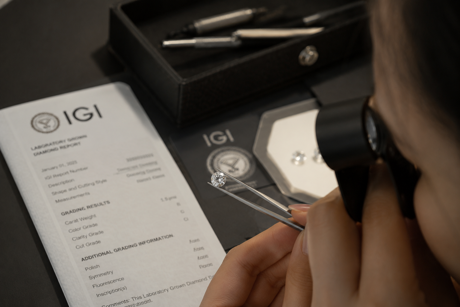 A person handling a laboratory-grown diamond with tweezers while examining it under a microscope. The workspace includes an IGI laboratory report, a pair of earrings with diamonds, and a black storage box on a black surface.