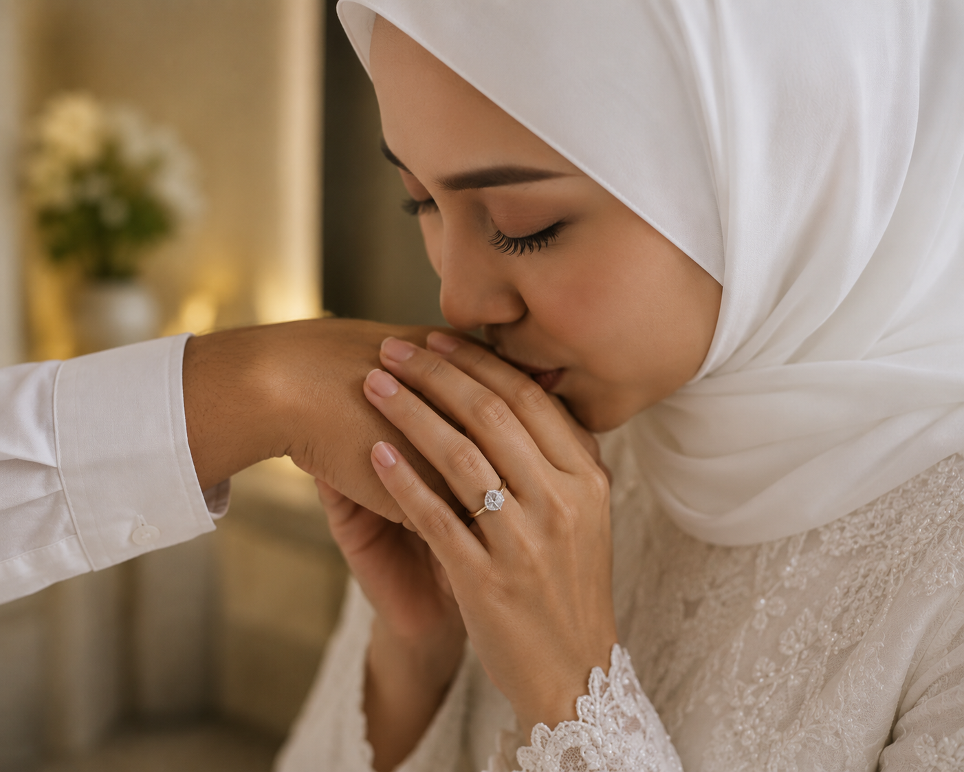 A Malaysian woman in a white hijab and lace dress kisses a hand, showing a diamond engagement ring on her finger, with blurred flowers in the background. Wedding ring at her Akad Nikah