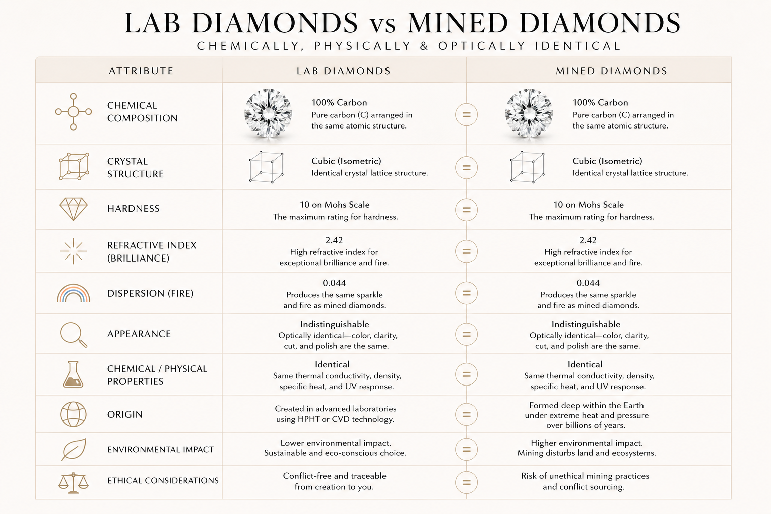 Comparison chart titled "Lab Diamonds vs Mined Diamonds" showing attributes such as chemical composition, crystal structure, hardness, refractive index, dispersion, appearance, chemical/physical properties, origin, environmental impact, and ethical considerations, with descriptions indicating that lab diamonds and mined diamonds are chemically, physically, and optically identical.