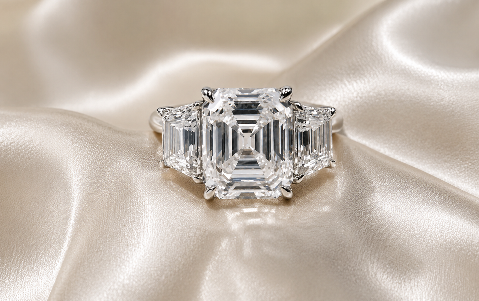 A large three stoned Emerald diamond ring with multiple emerald-cut diamonds set in a row on a soft, shiny beige fabric.