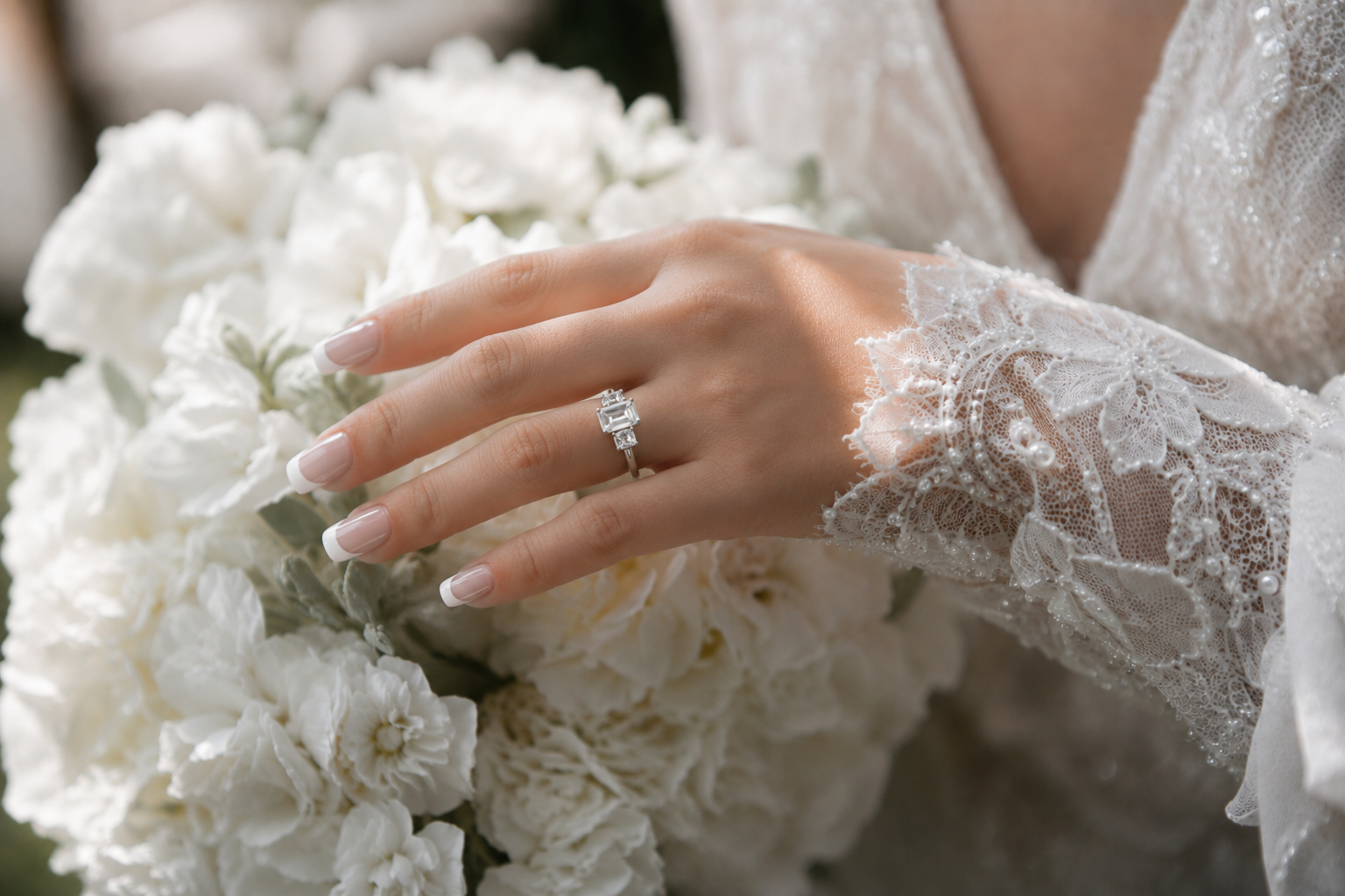 Close-up of a bride's hand with an Emerald diamond engagement ring resting on a bouquet of white flowers, wearing a lace wedding dress.