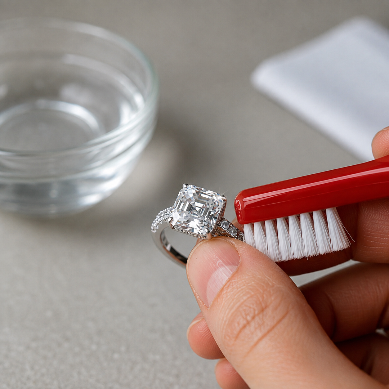 Person cleaning a large diamond ring with a red brush.