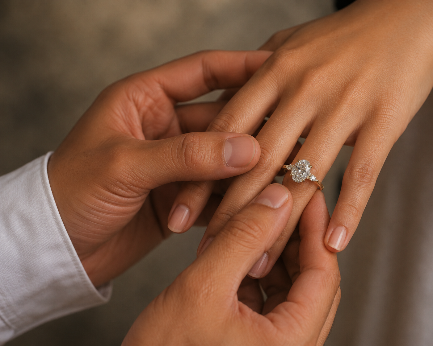 Close-up of a couple holding hands with the woman wearing an Oval halo diamond engagement ring.
