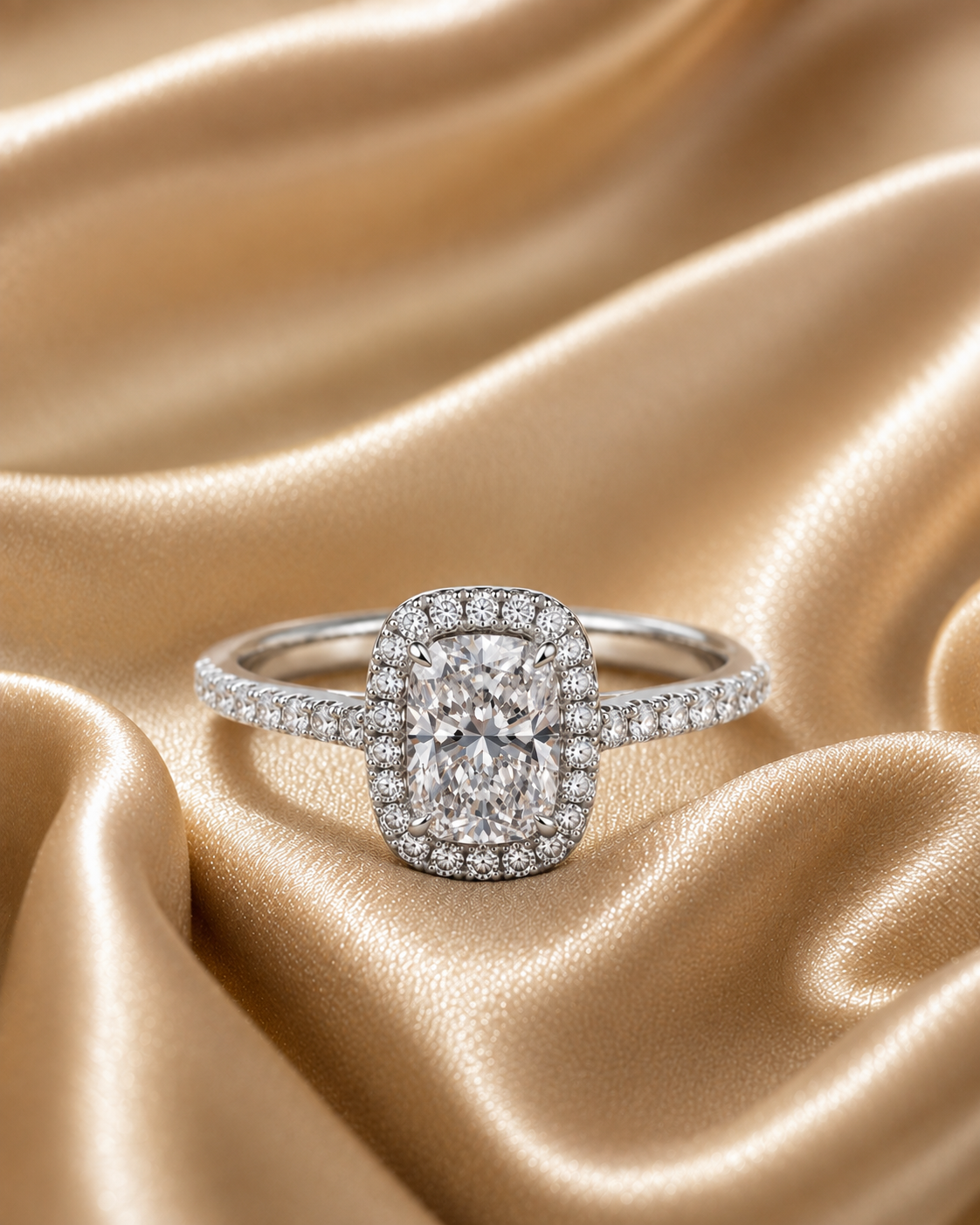 Silver ring with a large oval diamond surrounded by smaller diamonds, resting on gold satin fabric. Halo diamond ring