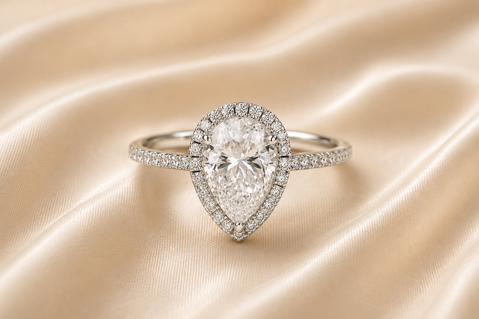 A Halo diamond ring with an pear-shaped center stone surrounded by smaller diamonds, set on a satin fabric background.