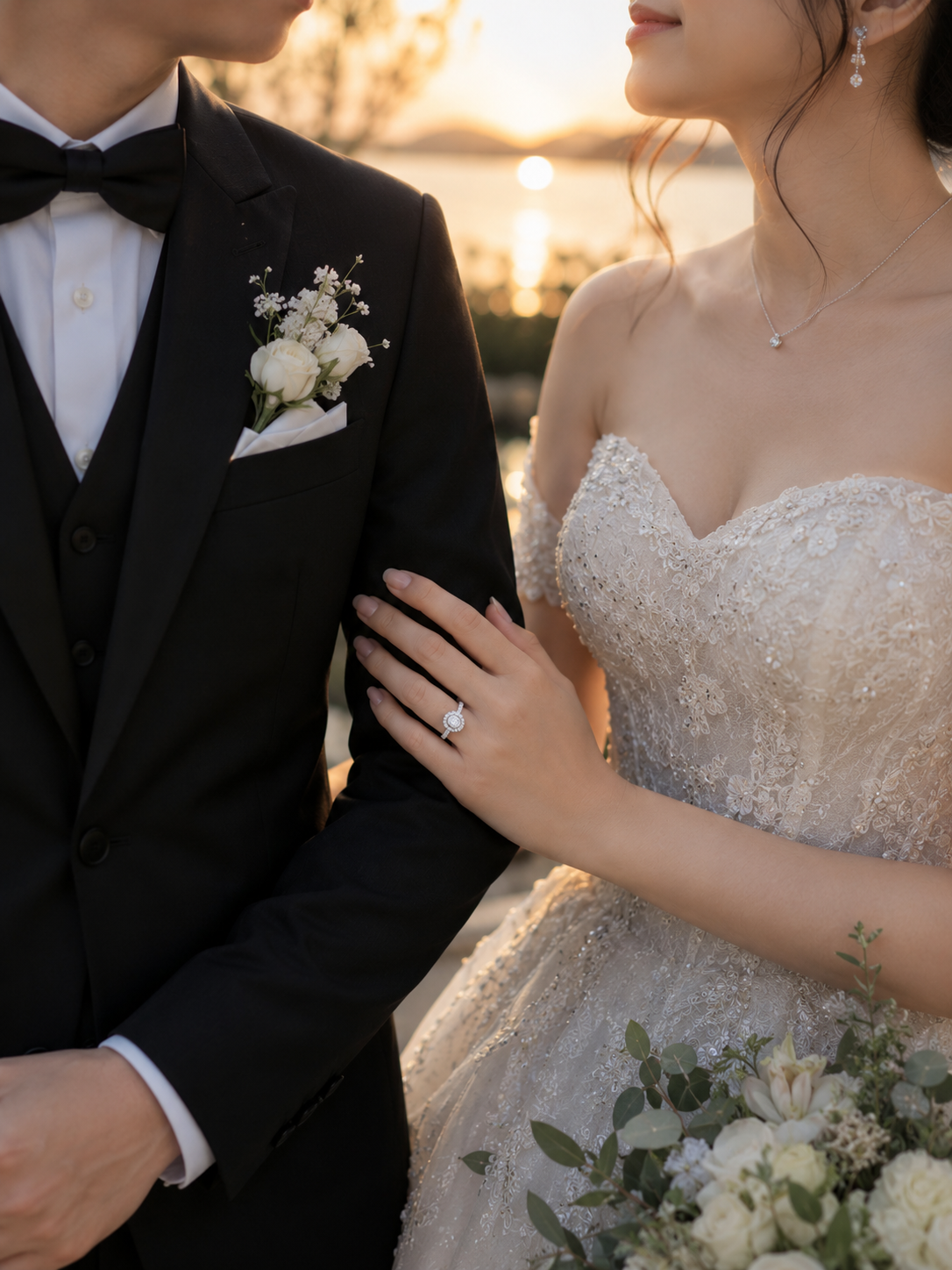 Close-up of a Malaysian bride and groom during their wedding at sunset, showing the bride's hand with an engagement ring resting on the groom's arm, with both dressed in formal wedding attire.