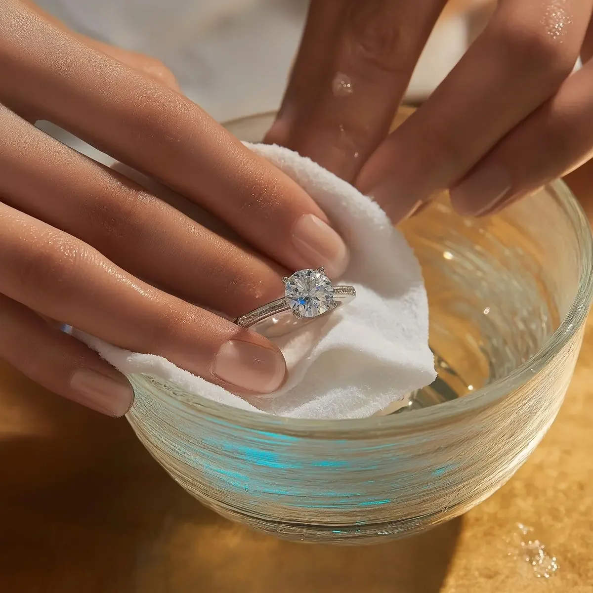 Close-up of a hand with an engagement ring being cleaned with a cloth in a glass bowl of water.