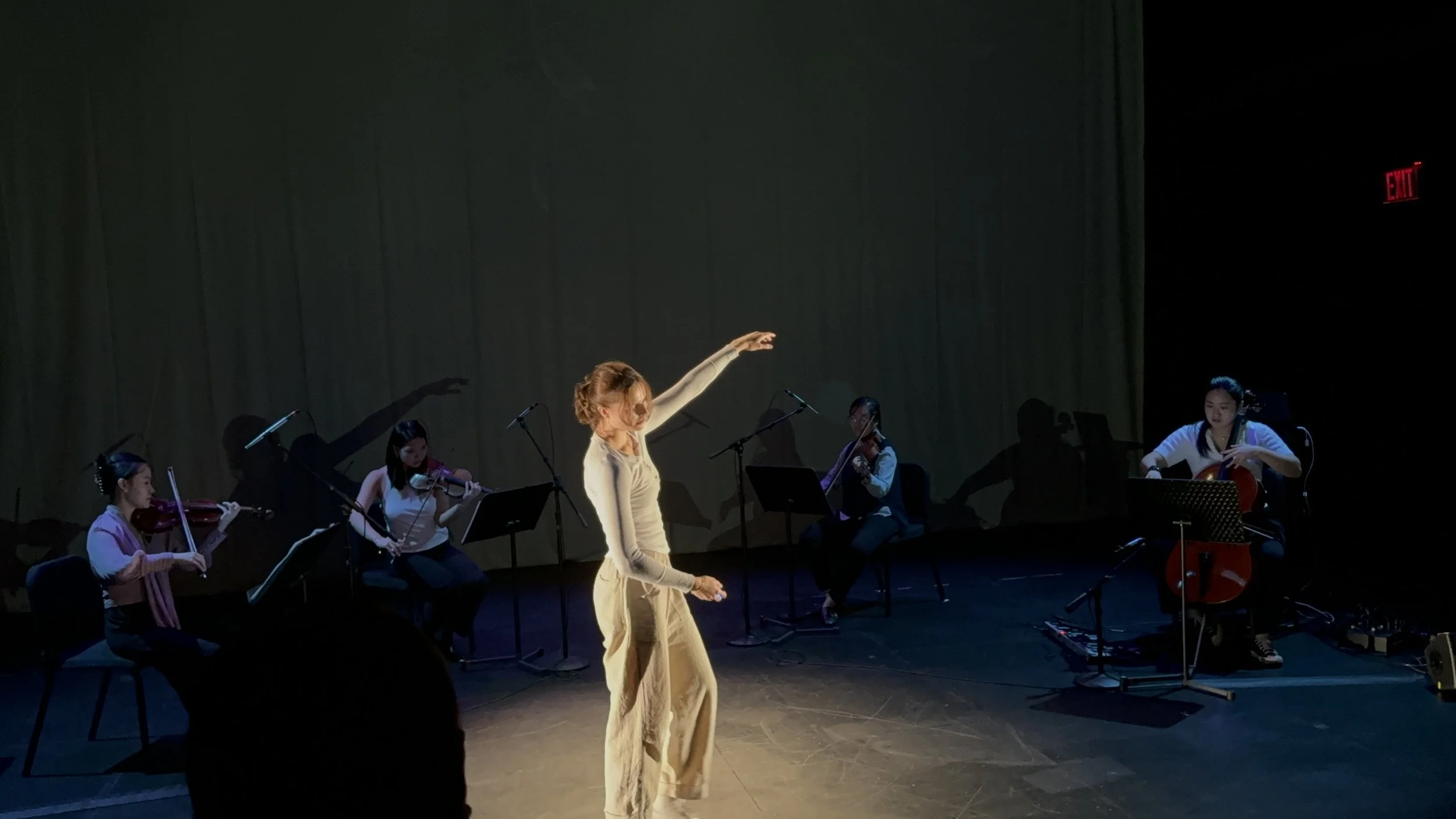 A female performer in a beige outfit dancing on stage with an orchestra playing behind her. The orchestra includes string musicians and a musician with a cello. The stage has a dark background and is dimly lit, with a red 