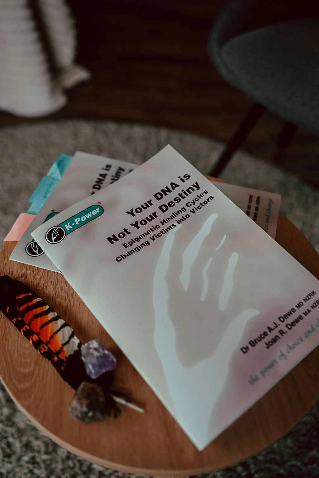 Pamphlet titled 'Your DNA is Not Your Destiny: Epigenetic Healing Cycles Changing Victims into Victors' on a wooden surface, with a painted lizard figurine nearby.