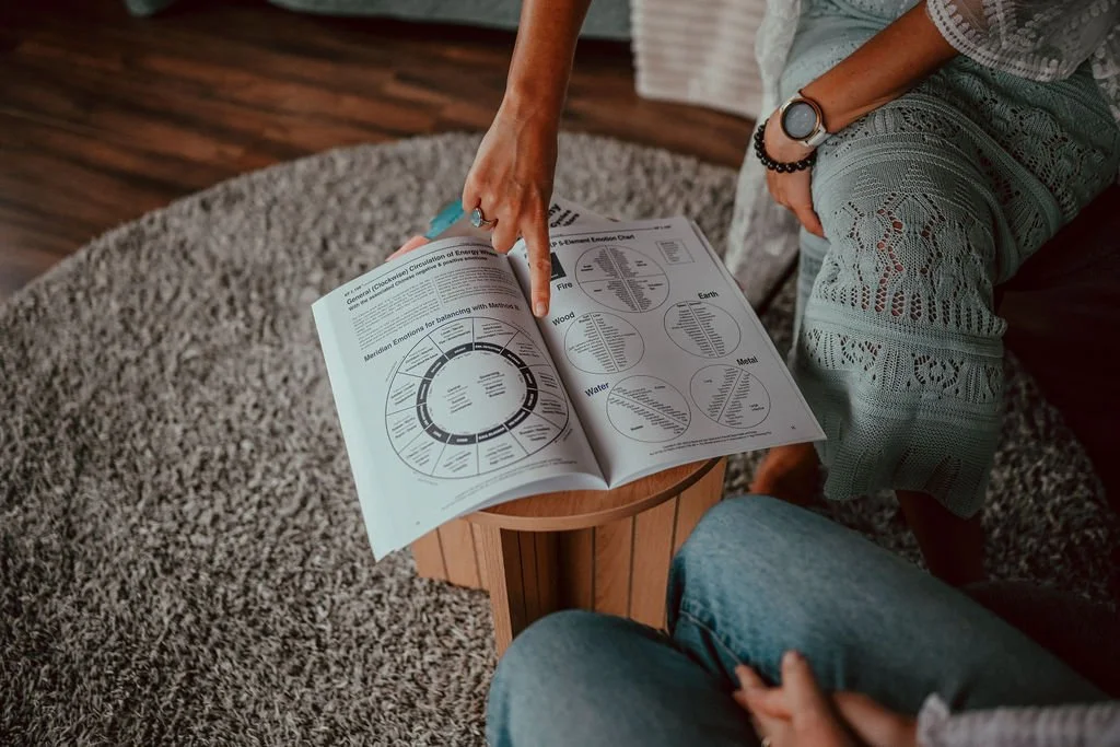 Person pointing at diagrams in a book while sitting on a carpeted floor with another person, focus on hands and book.