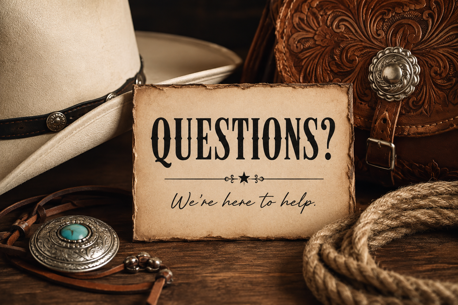 A vintage Western-themed scene featuring a cowboy hat, a leather purse with metallic ornament, a turquoise jewelry piece, a coiled rope, and a sign with the word 'Questions? We're here to help.'