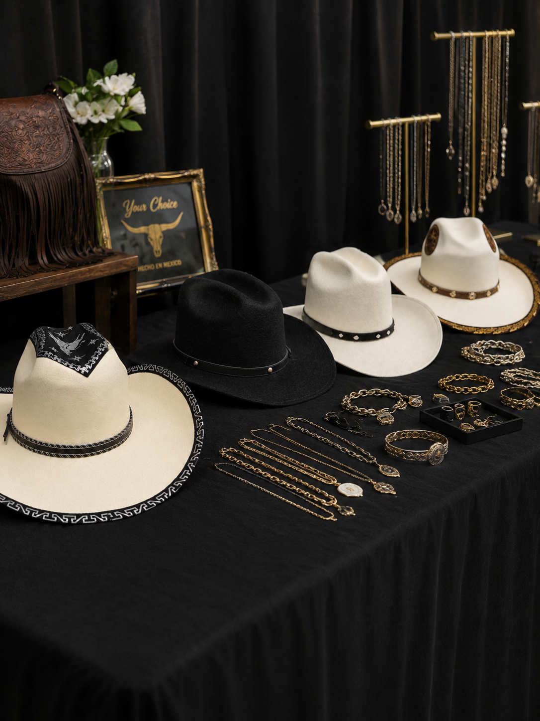 Display of western-style jewelry and accessories on a black table, including white and black cowboy hats, gold chains, bracelets, rings, and hatbands, with a decorative framed sign and leather fringe bag in the background.