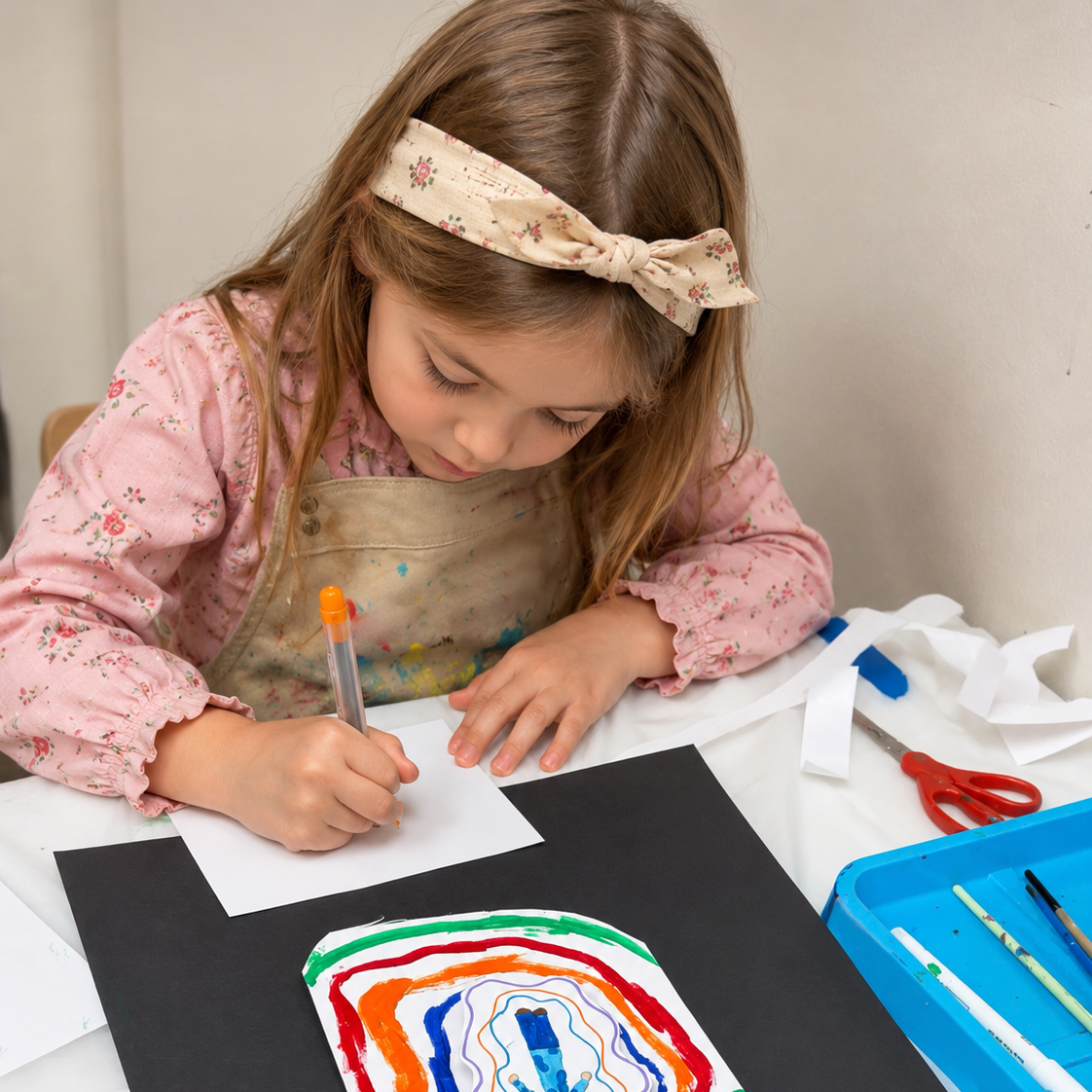 A young girl with a floral headband, wearing a pink long-sleeve shirt and apron, drawing with markers on a piece of paper, with a rainbow pattern on black paper in front of her.