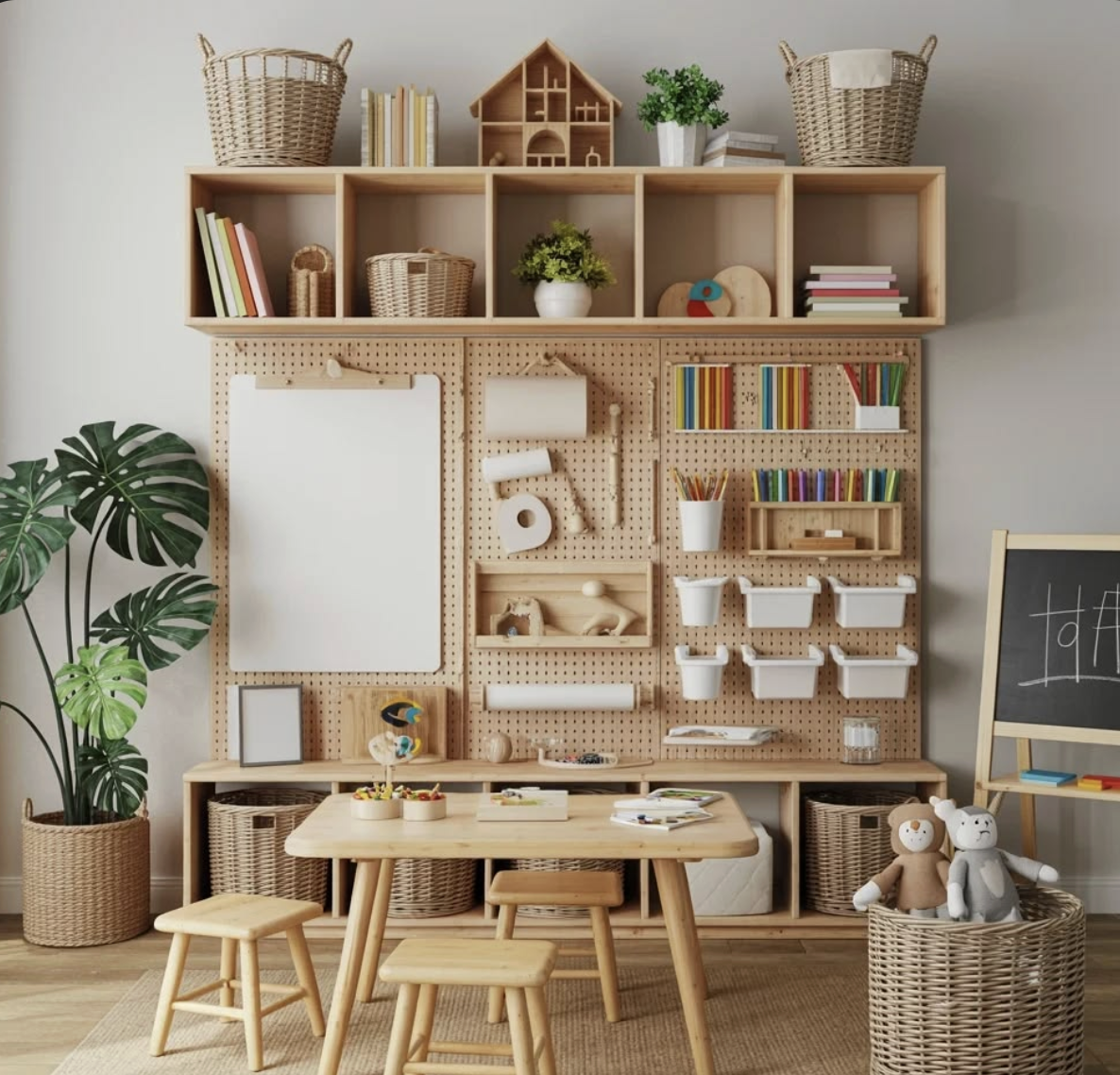 A children's playroom with a wooden wall organizer filled with toys, books, and storage bins. There is a small table with two stools, plush stuffed animals in a wicker basket, a chalkboard, and decorative plants.
