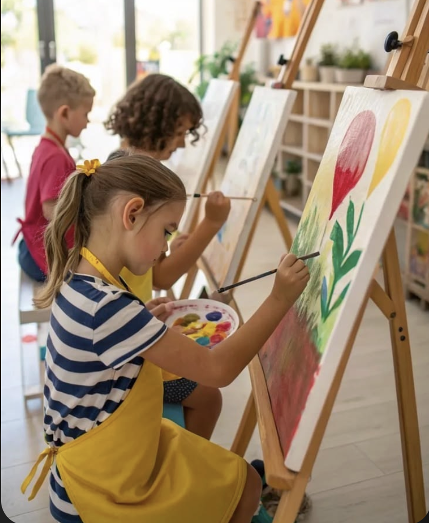 Children painting on easels in an art classroom, with three kids focused on their artwork, including a girl in a striped shirt and yellow apron in the foreground.