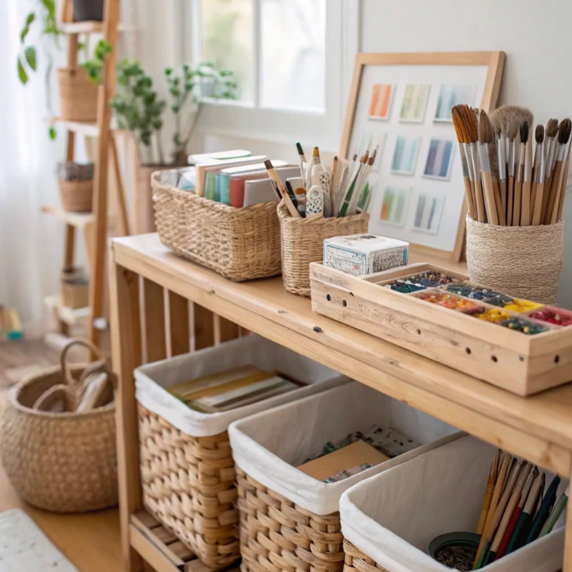 Art supplies organized on a wooden table, including brushes, paint, colored pencils, and paper in baskets and trays, with a framed color chart in the background.