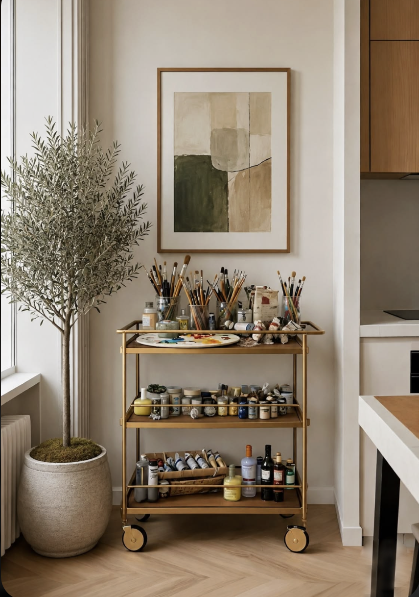 An art supplies trolley with paintbrushes and paints, a framed abstract artwork on a wall, a potted plant, and part of a window in a well-lit, modern room.